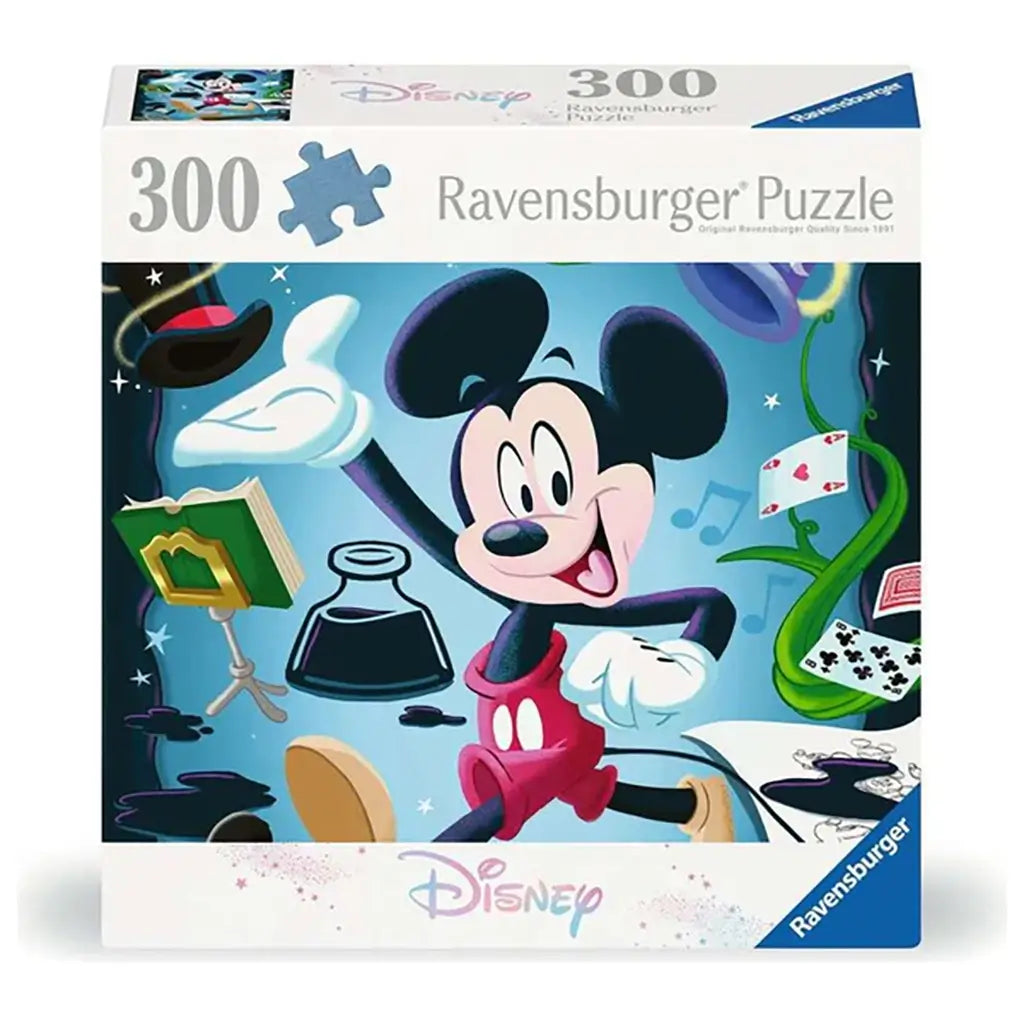 Disney Ravensburger 300 piece puzzle box with artwork of Mickey Mouse in red shorts and yellow shoes, surrounded by whimsical hats, books, and magical fantasy items.