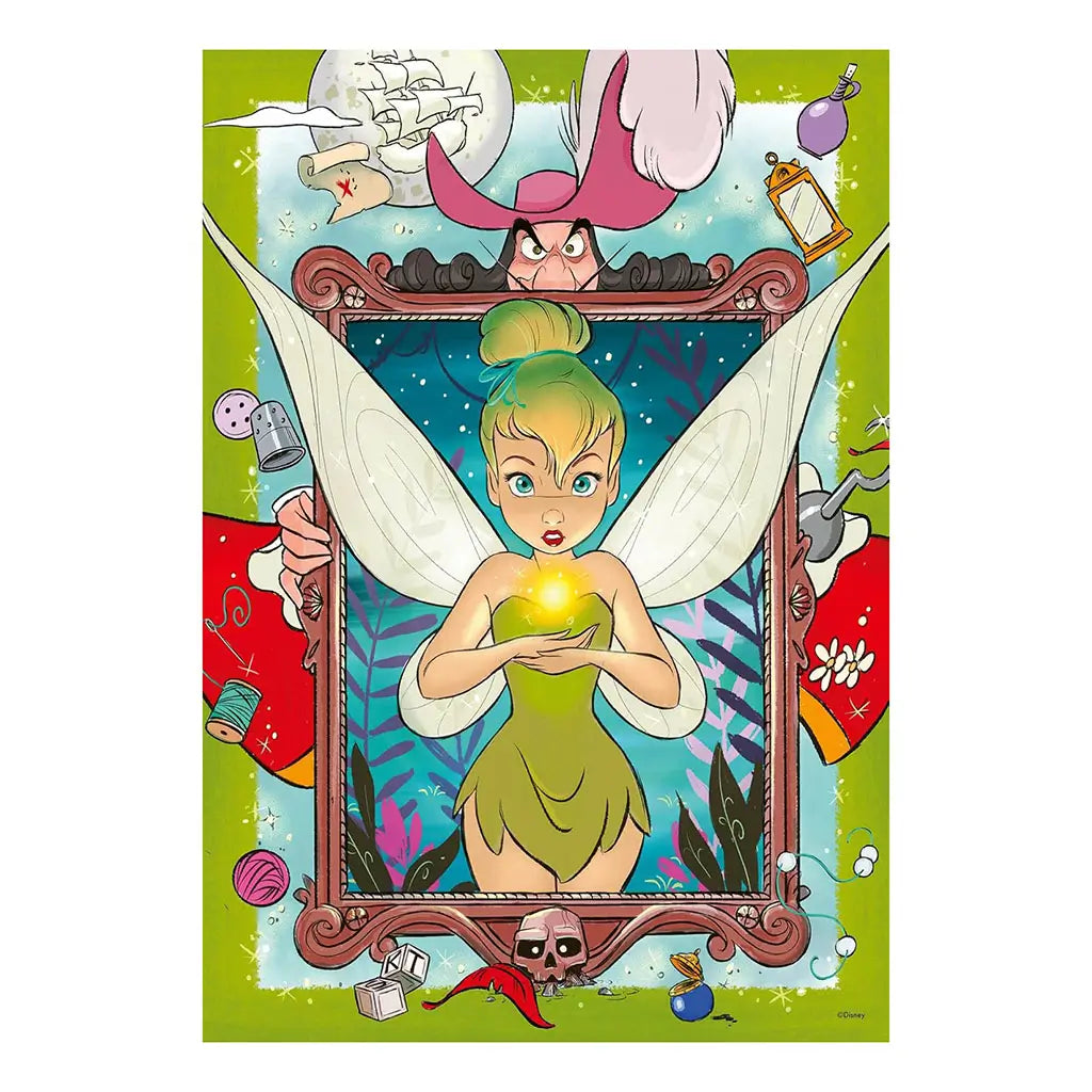 Illustrated Ravensburger Disney puzzle design showing Tinker Bell with luminous glow in her hands, framed by Captain Hook and surrounded by whimsical pirate-themed details.
