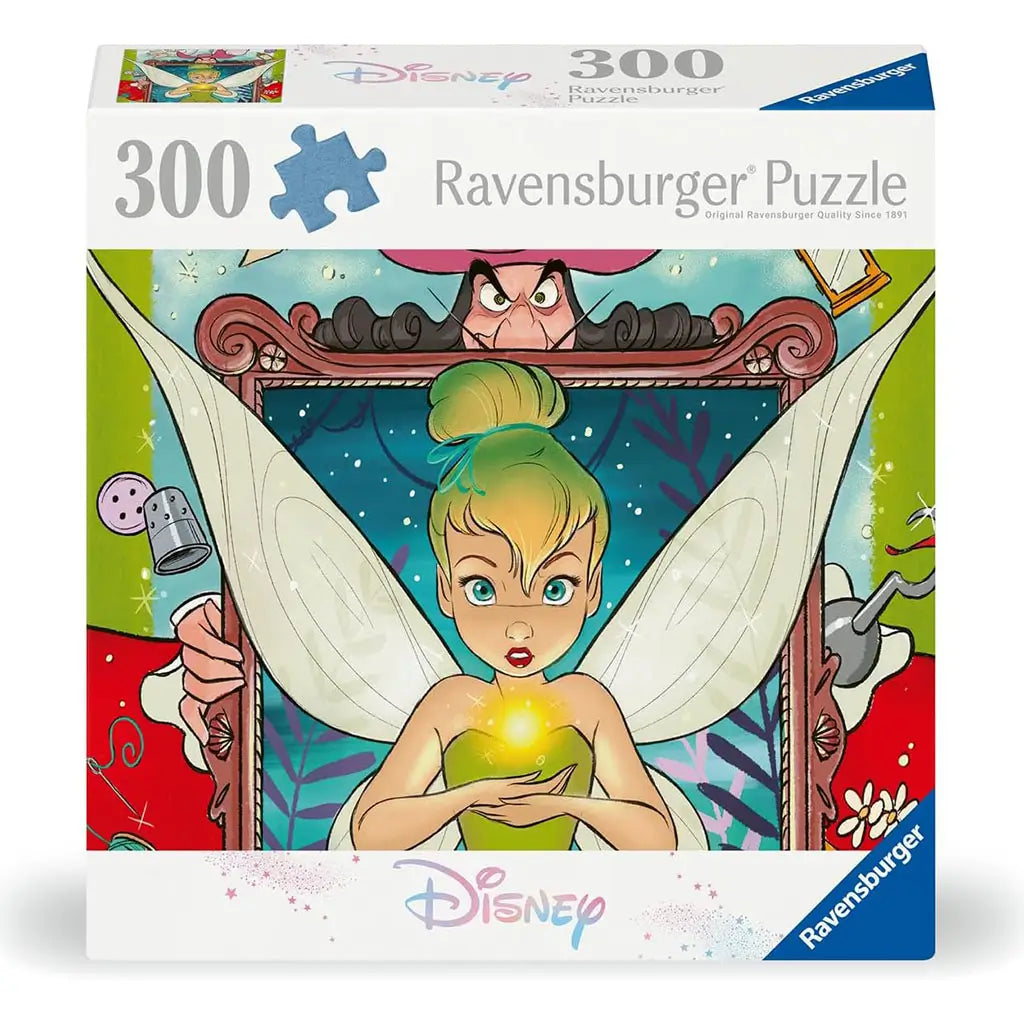 Disney Ravensburger 300 piece puzzle box featuring Tinker Bell with glowing fairy light in her hands, framed by Captain Hook illustration on a colorful fantasy background.