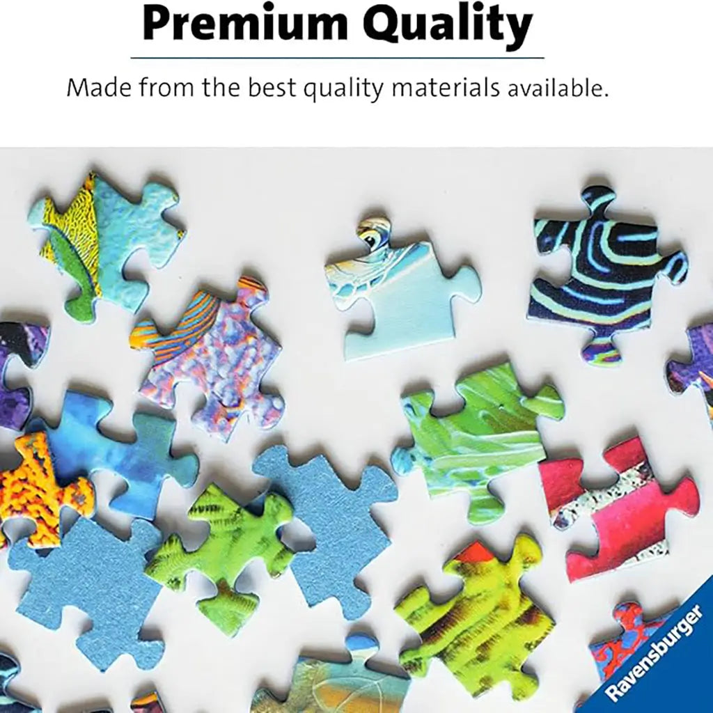 Close-up of scattered Ravensburger puzzle pieces with colorful patterns, demonstrating premium quality cardboard construction and precise fit for a smooth and durable puzzling experience.