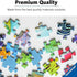Close-up of scattered Ravensburger puzzle pieces with colorful patterns, demonstrating premium quality cardboard construction and precise fit for a smooth and durable puzzling experience.