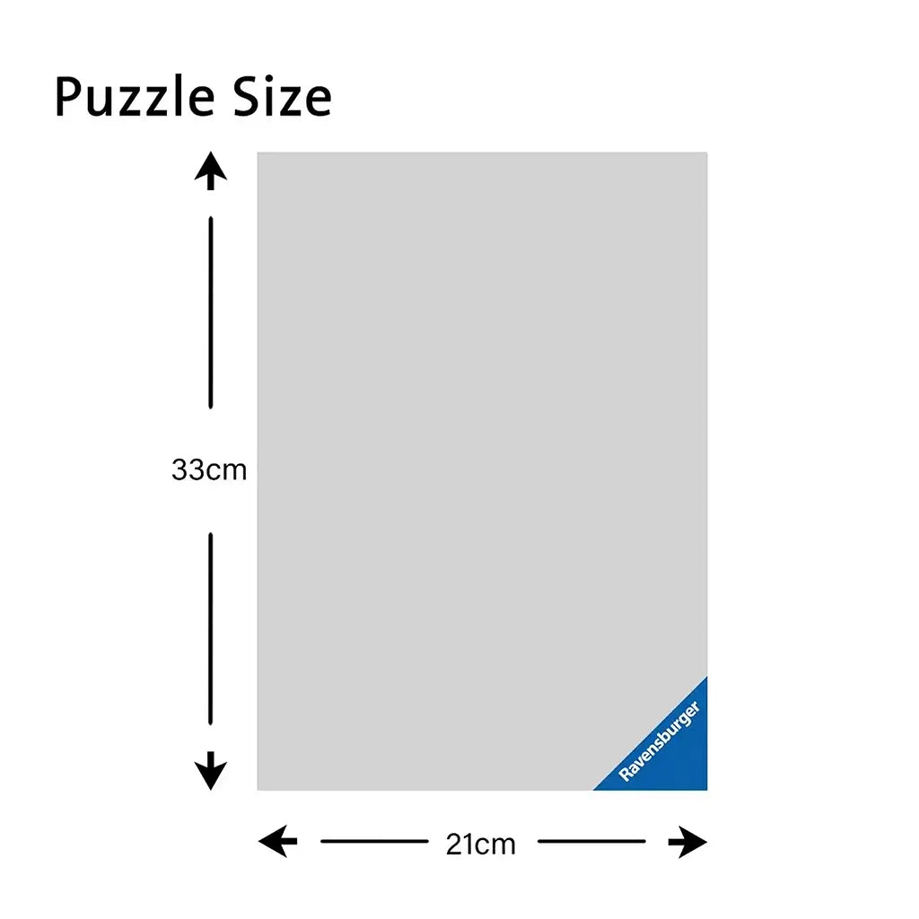 Diagram showing Ravensburger puzzle dimensions, measuring 33 cm tall by 21 cm wide, giving buyers a clear idea of completed puzzle size for display or family-friendly activity planning.