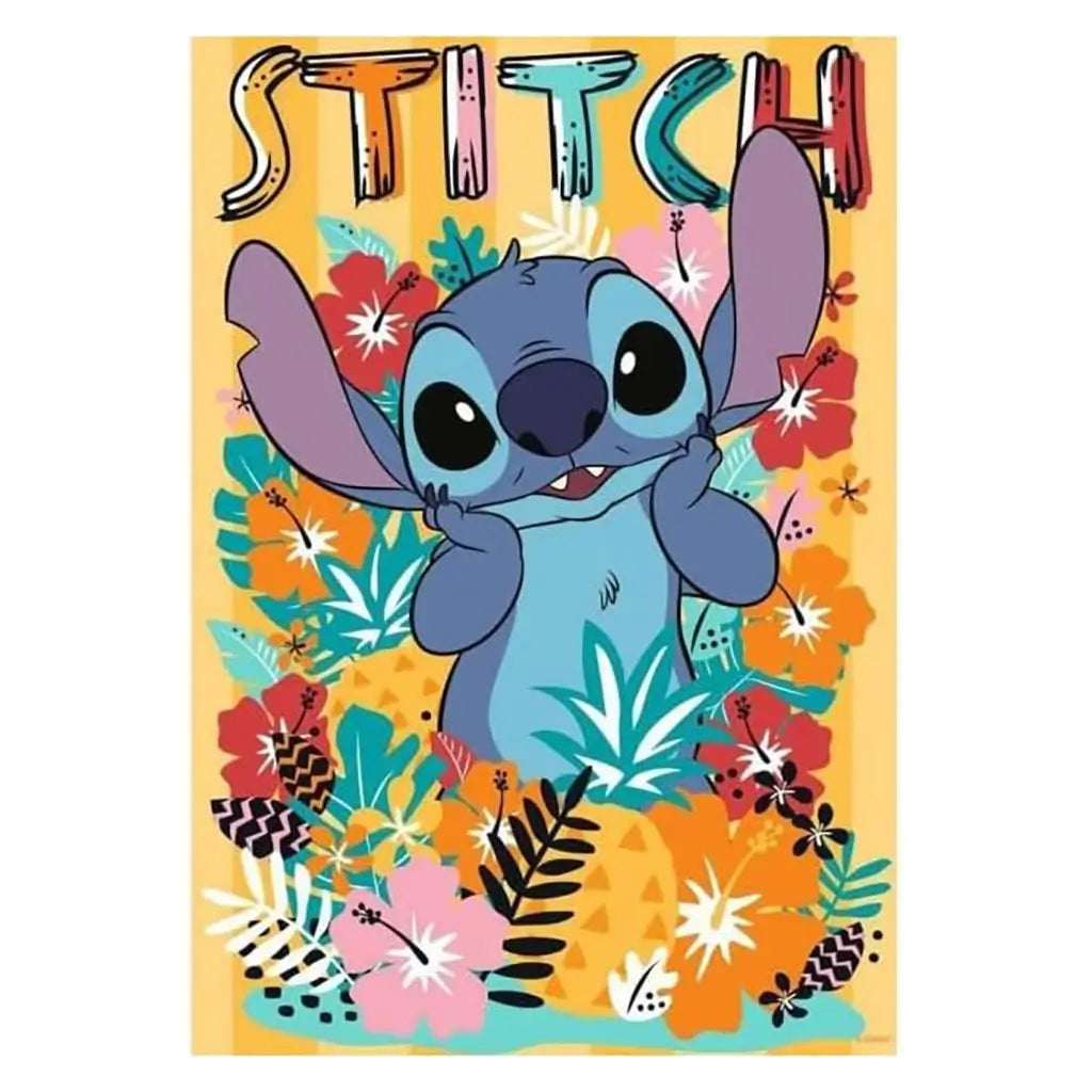 Disney Stitch illustration on bright orange background with colorful tropical flowers and leaves, showing Stitch smiling playfully with hands on cheeks in a cheerful tropical theme.