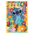 Disney Stitch illustration on bright orange background with colorful tropical flowers and leaves, showing Stitch smiling playfully with hands on cheeks in a cheerful tropical theme.