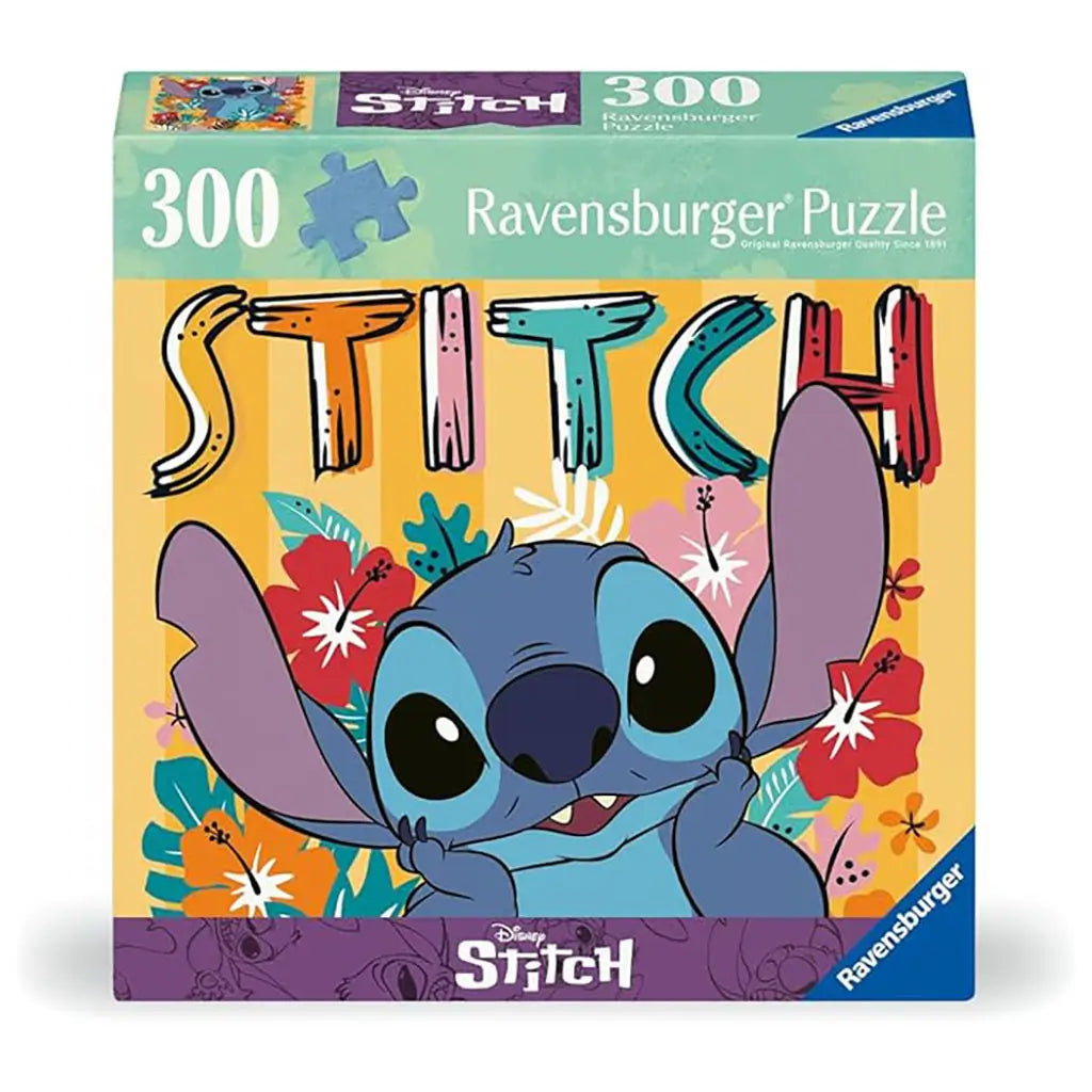 Ravensburger Disney Stitch puzzle box featuring Stitch among vibrant flowers with 300-piece count displayed, highlighting colorful design and compact family-friendly puzzle size.