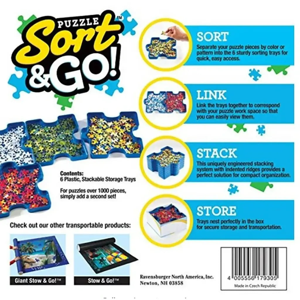 Back of Ravensburger Puzzle Sort & Go box showing instructions with diagrams on how to sort, link, stack, and store puzzle pieces in six interlocking trays for compact organization.