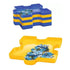 Stack of interlocking Ravensburger plastic trays in blue and yellow puzzle-piece shapes, each holding jigsaw pieces, designed for sorting and compact storage of puzzle sections.