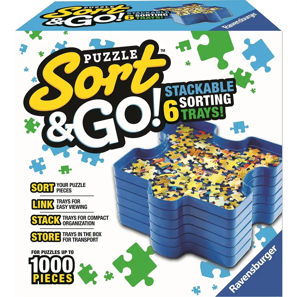 Ravensburger Puzzle Sort & Go box with blue plastic stackable trays shaped like puzzle pieces, designed for sorting up to 1,000 jigsaw pieces for easy organization and storage.