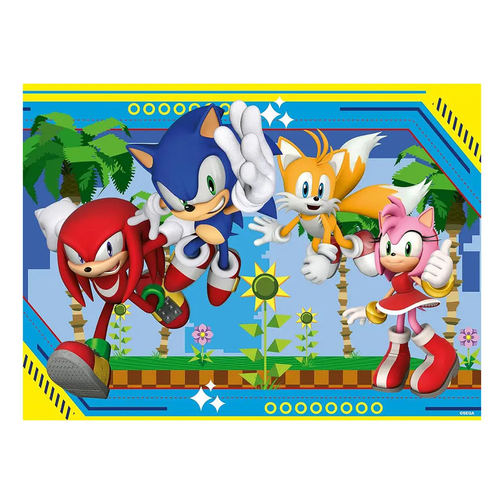 Puzzle image features Sonic the Hedgehog with Knuckles, Tails, and Amy running forward in a bright, pixelated Green Hill Zone scene with palm trees and flowers.