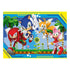 Puzzle image features Sonic the Hedgehog with Knuckles, Tails, and Amy running forward in a bright, pixelated Green Hill Zone scene with palm trees and flowers.