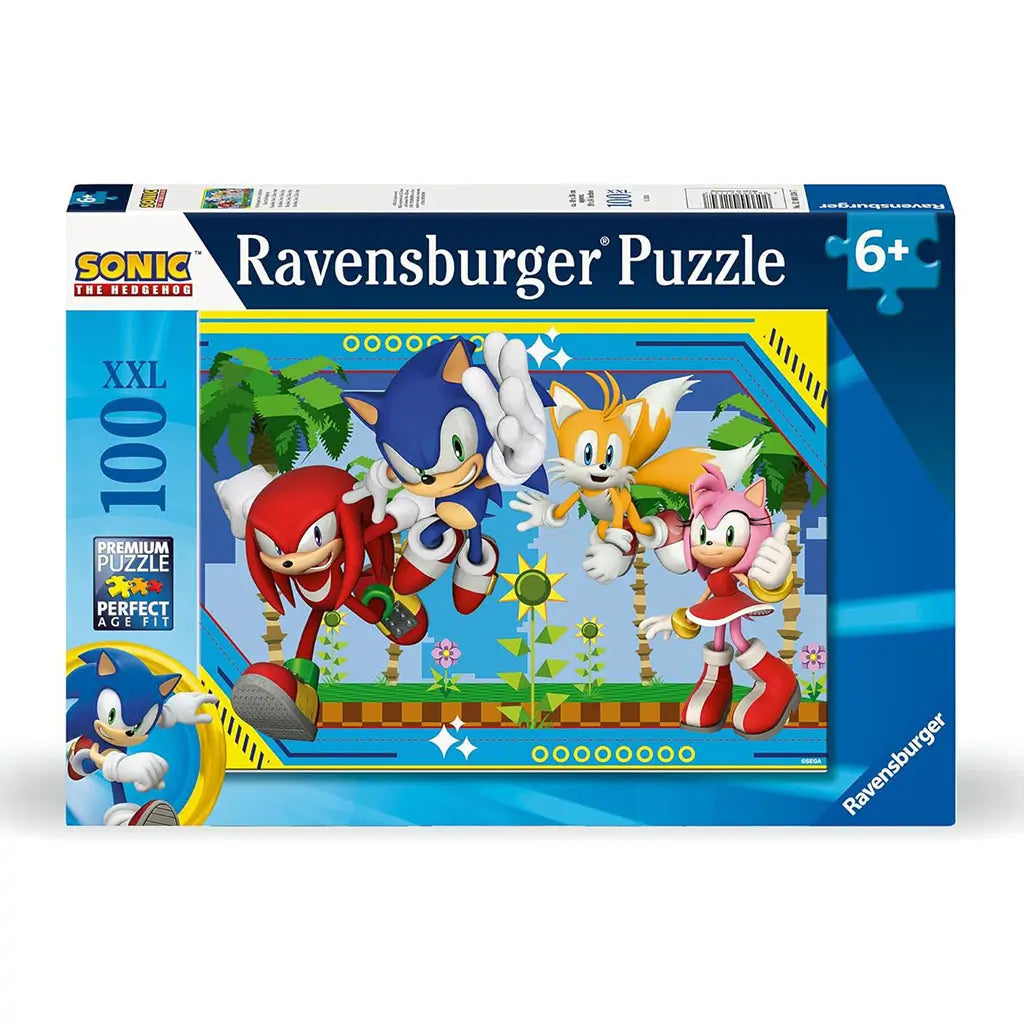 Ravensburger Sonic the Hedgehog 100-piece XXL puzzle box shows Sonic, Knuckles, Tails, and Amy in an action-packed scene with bold colors and playful retro details.