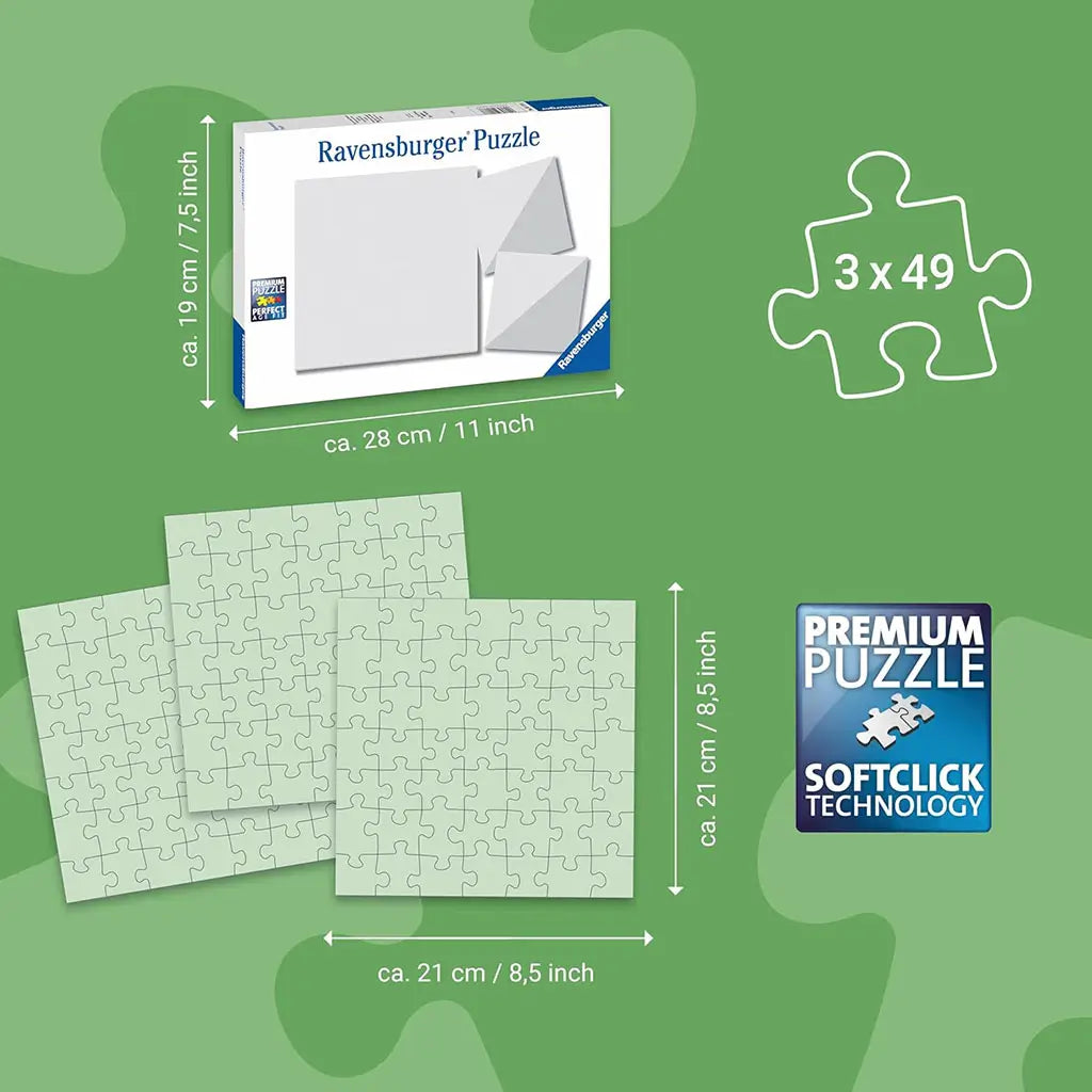 Ravensburger Sonic 3x49 puzzle dimension chart shows three 8.5 x 8.5 inch puzzles, each with 49 pieces, and box size of 11 x 7.5 inches with Softclick technology logo.