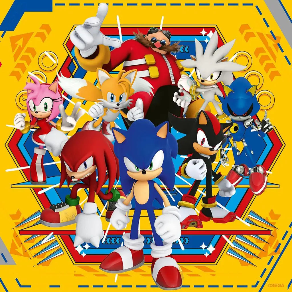 Sonic, Amy, Knuckles, Tails, Shadow, Silver, and Dr. Eggman are showcased together in a group design with a bold yellow background and futuristic geometric accents.
