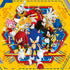 Sonic, Amy, Knuckles, Tails, Shadow, Silver, and Dr. Eggman are showcased together in a group design with a bold yellow background and futuristic geometric accents.