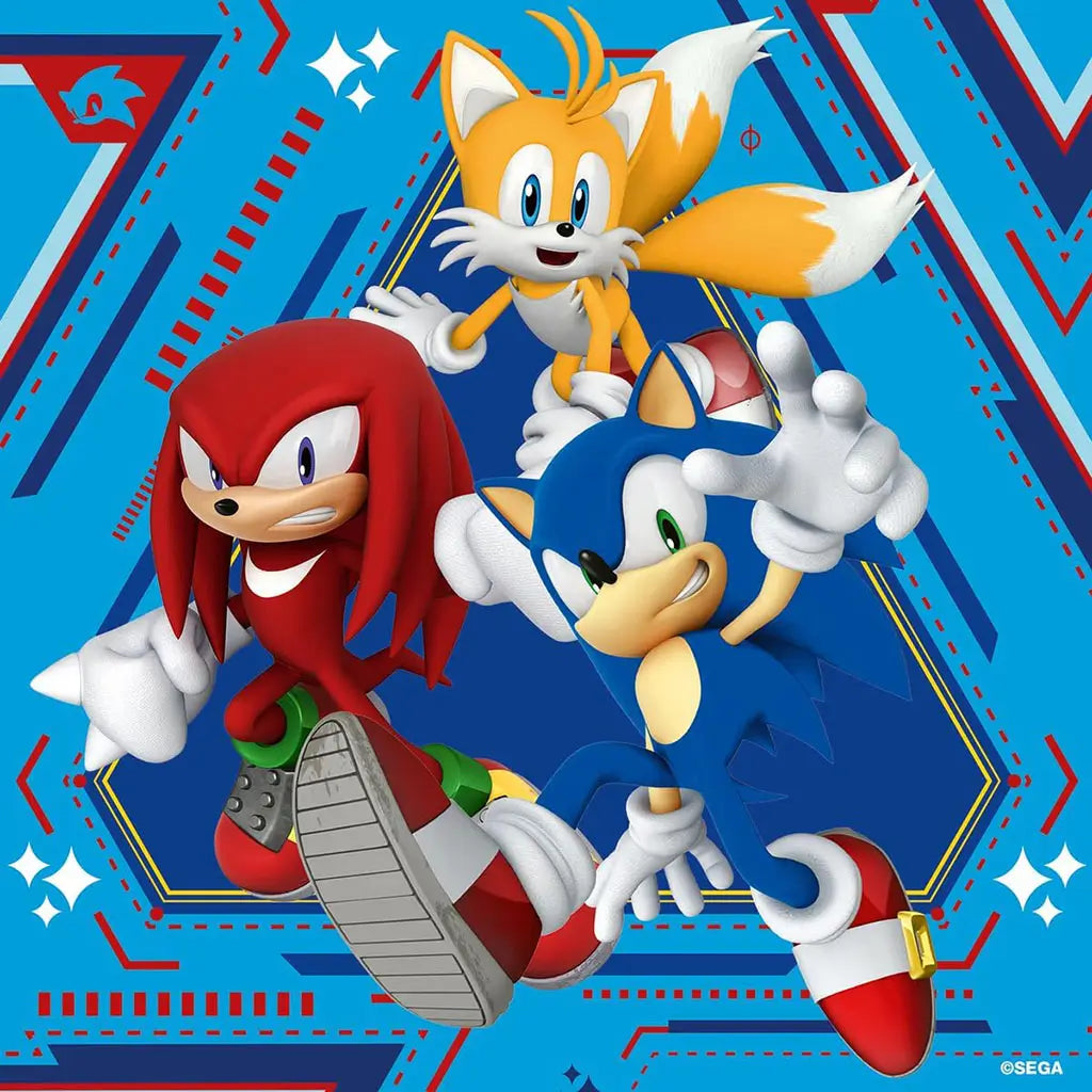 Puzzle image features Sonic, Tails, and Knuckles in energetic stances against a blue geometric background with red and white patterns, emphasizing teamwork and speed.