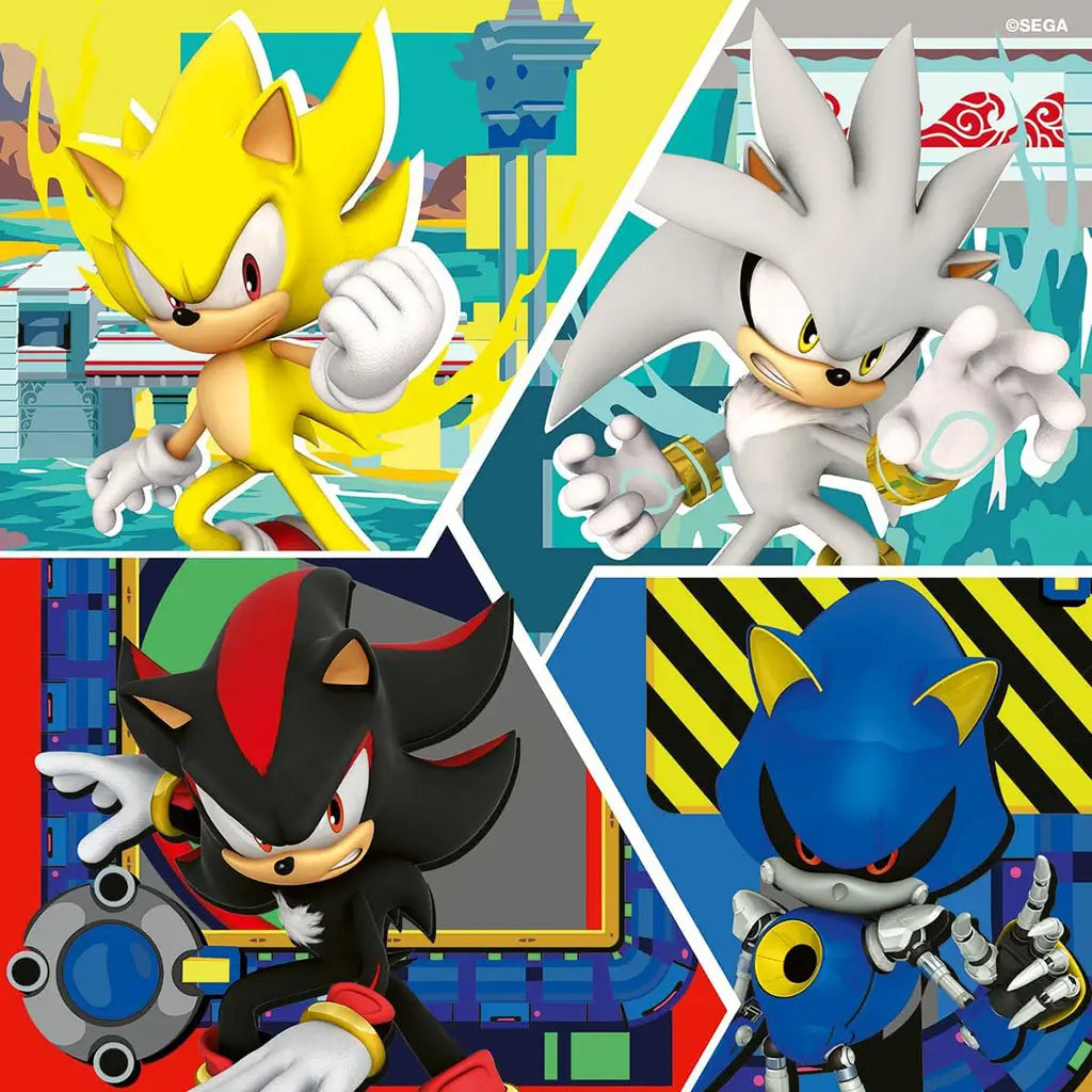 Puzzle design highlights Super Sonic, Silver, Shadow, and Metal Sonic in dynamic poses with bold backgrounds, showcasing powerful character artwork in bright Sega style.
