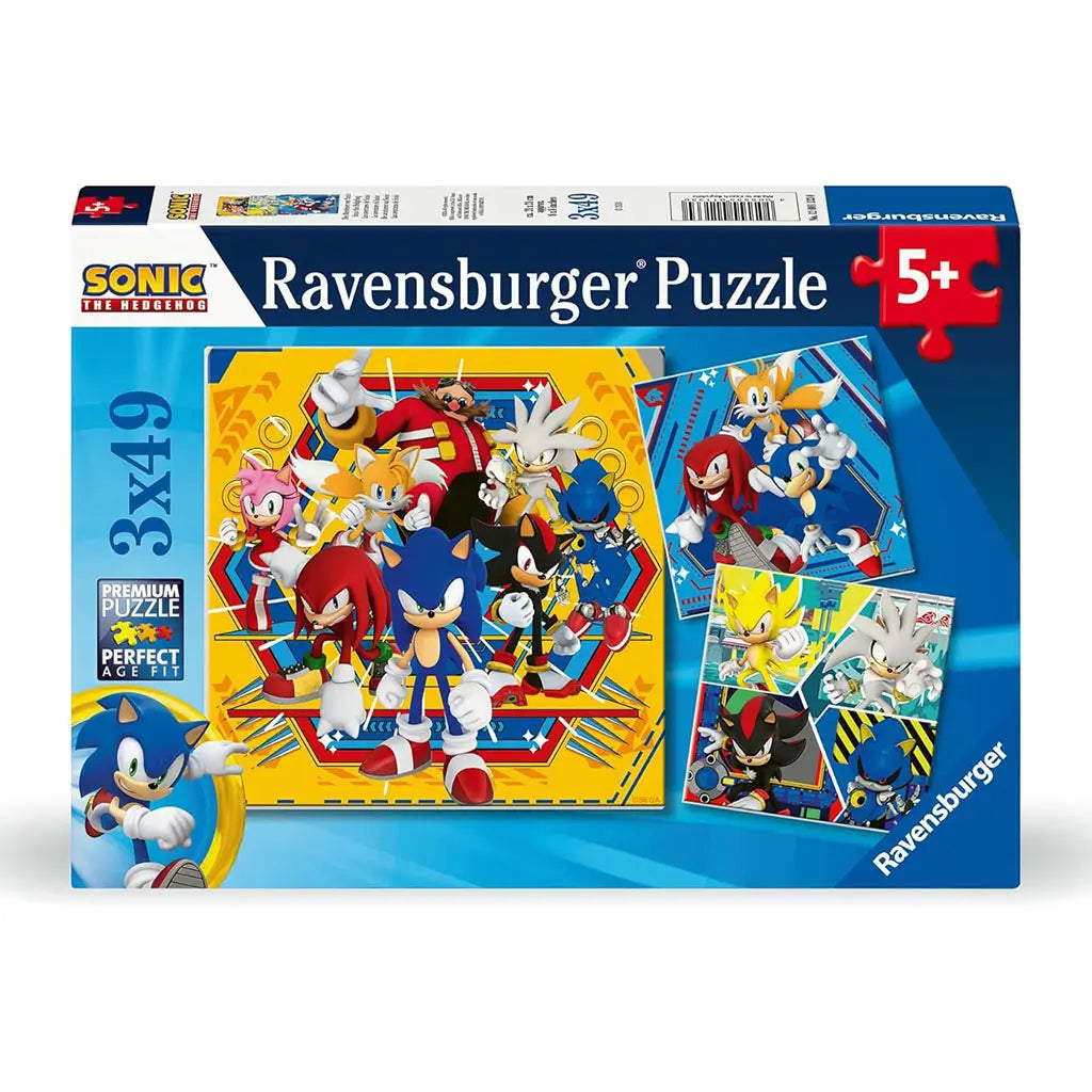 Ravensburger Sonic the Hedgehog 3x49 piece puzzle box features Sonic, Tails, Knuckles, Amy, and other characters in three colorful action-packed designs for ages 5 and up.