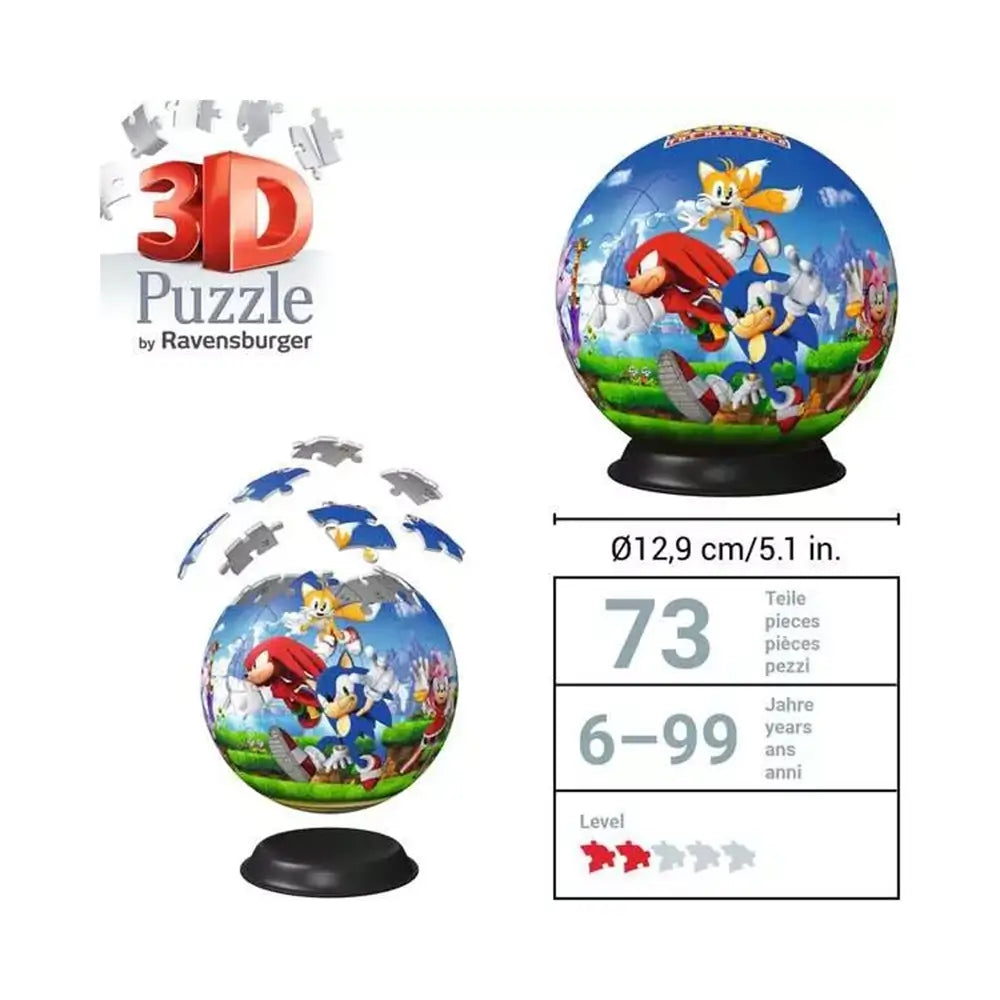 Diagram of Ravensburger 3D Sonic puzzle ball with 73 pieces, 5.1-inch diameter, and difficulty rating, showing exploded view of puzzle assembly process.