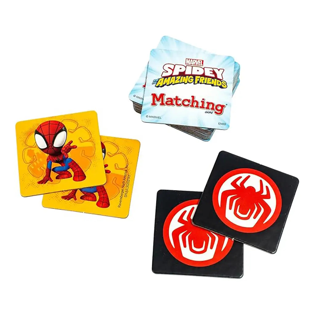 Marvel Spidey and His Amazing Friends matching game tiles with colorful square cards, featuring Spider-Man artwork and red spider logo pieces on a white background.