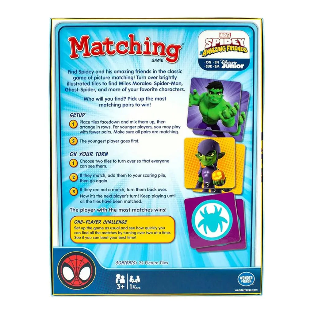 Back of Marvel Spidey and His Amazing Friends matching game box showing rules, setup instructions, and colorful illustrations of Hulk, Green Goblin, and Spider-Man tiles.