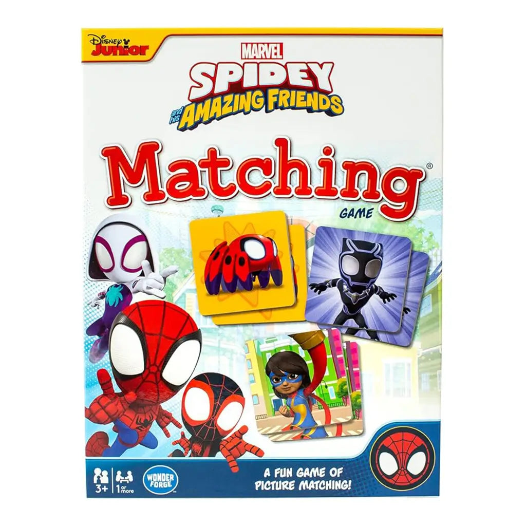 Front of Marvel Spidey and His Amazing Friends matching game box with Disney Junior branding, featuring Spider-Man, Ghost-Spider, and Black Panther character tiles.
