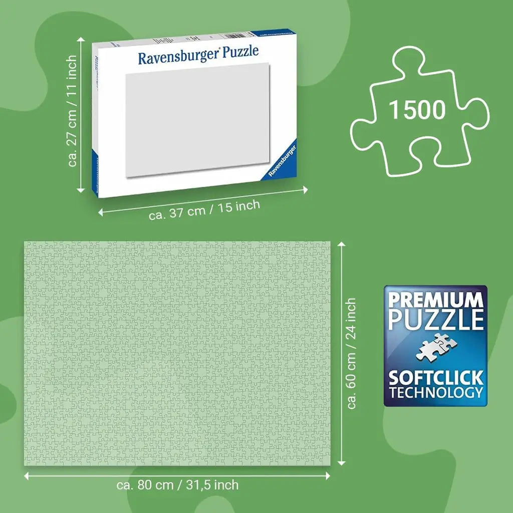 Ravensburger puzzle dimension chart for Star Wars 1500 piece set, showing box size and completed puzzle measuring about 80 cm by 60 cm with Softclick technology label.