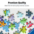 Close-up of Ravensburger puzzle pieces showing vivid colors, premium cut, and sturdy cardboard texture with “Premium Quality” text and Ravensburger logo in corner.