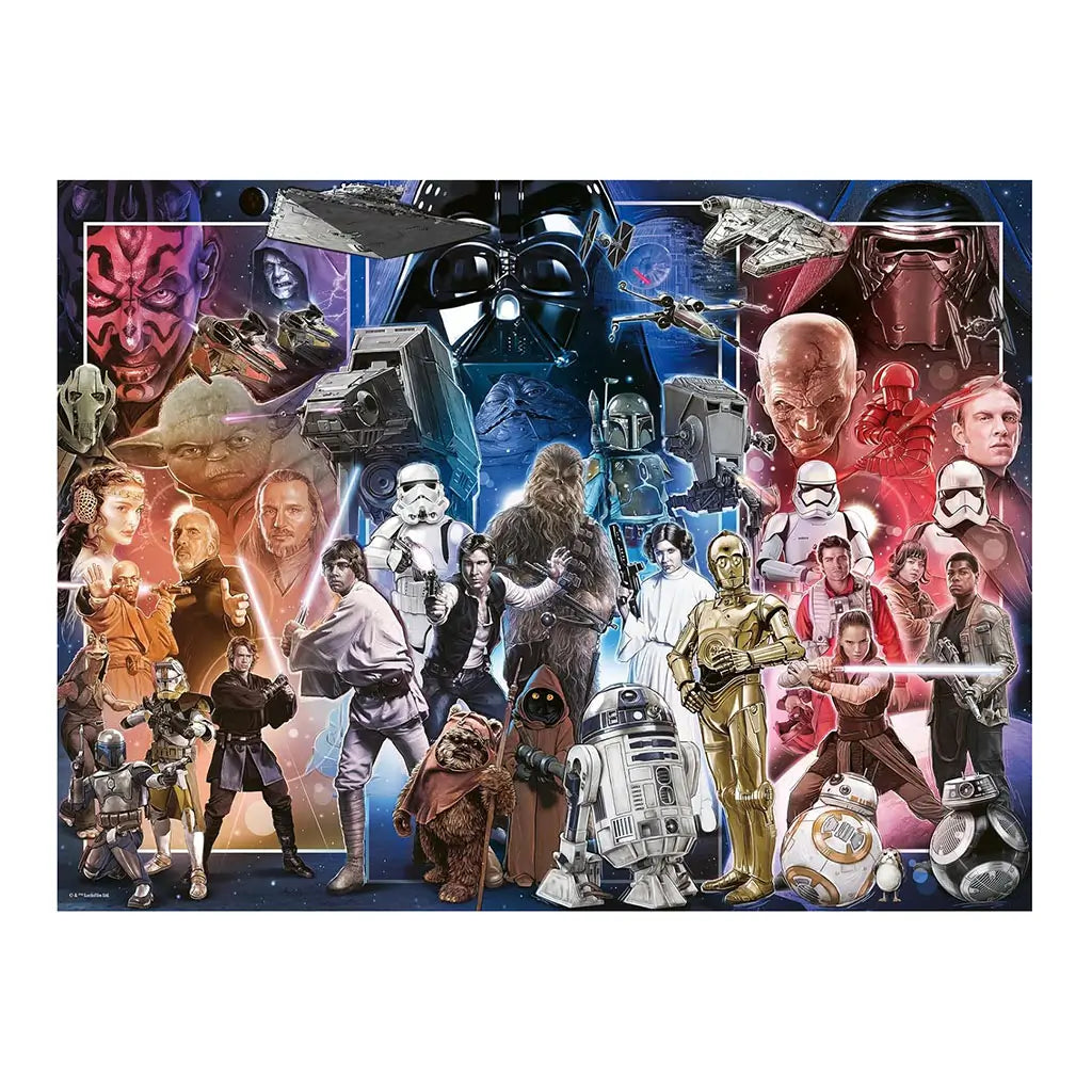 Detailed Ravensburger Star Wars puzzle illustration with Darth Vader at center, surrounded by heroes, villains, droids, and starships spanning all movie trilogies.