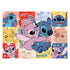 Puzzle artwork of Stitch cuddling Angel, the pink alien, surrounded by multiple cartoon panels of their happy faces, heart accents, and pastel backgrounds in yellow, red, and blue squares.