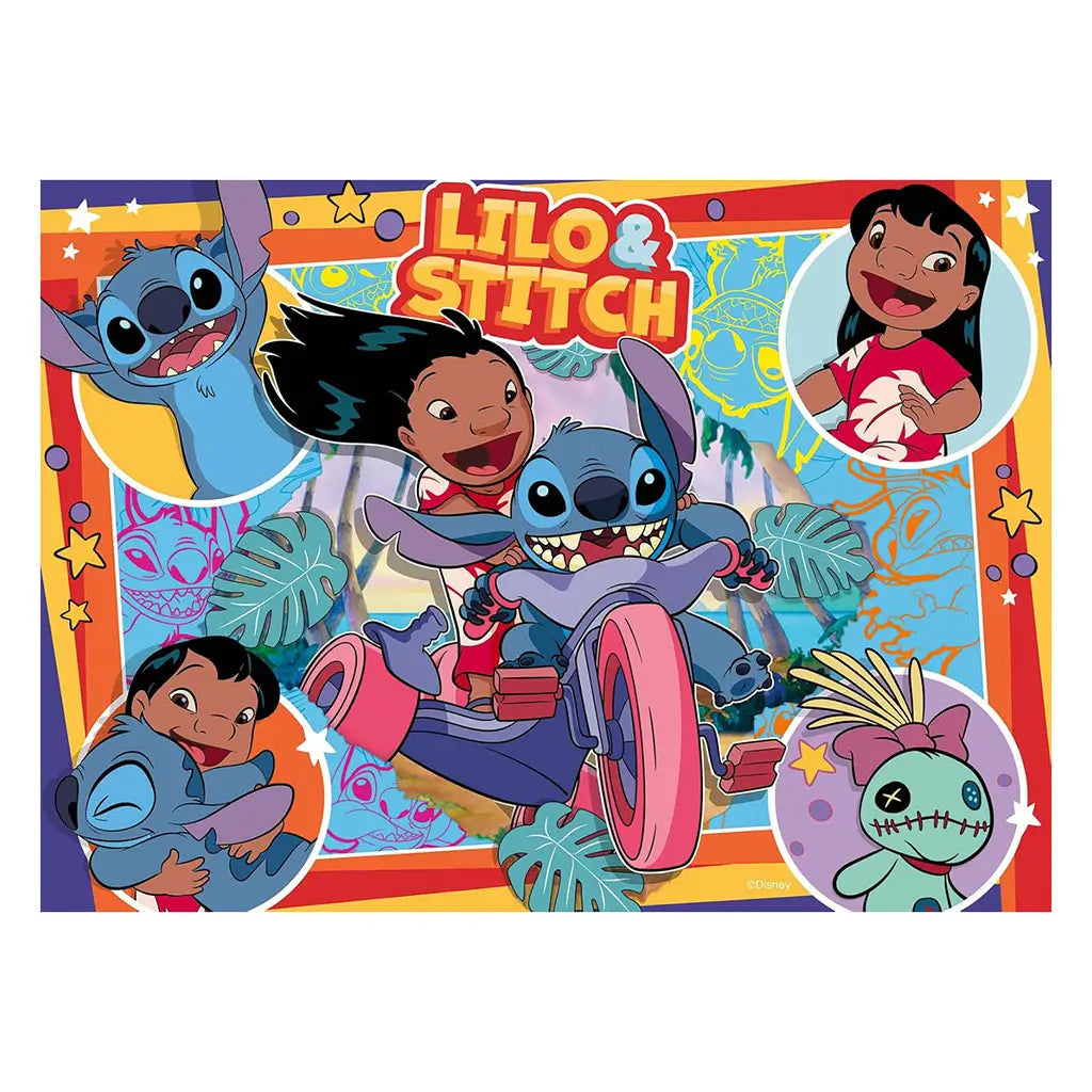 Vibrant Lilo & Stitch puzzle illustration with Stitch riding a motorbike and Lilo holding tight, framed by stars, tropical leaves, and smaller portraits of characters like Scrump and Lilo.