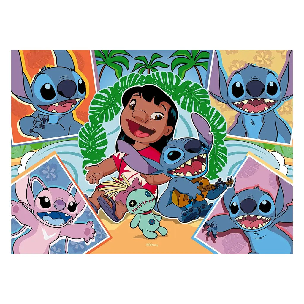 Lilo and Stitch puzzle design featuring Lilo smiling with Stitch playing guitar, surrounded by palm leaves, colorful panels of Stitch expressions, and bright tropical accents in orange and blue.