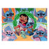 Lilo and Stitch puzzle design featuring Lilo smiling with Stitch playing guitar, surrounded by palm leaves, colorful panels of Stitch expressions, and bright tropical accents in orange and blue.