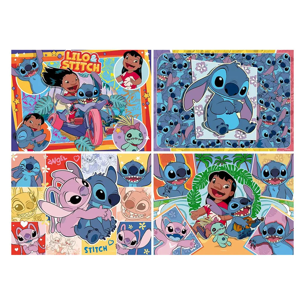 Set of four Ravensburger puzzles with colorful Disney Lilo & Stitch scenes, including Stitch sitting, Stitch with Angel, Lilo with Stitch, and motorbike action, shown in a combined layout preview.