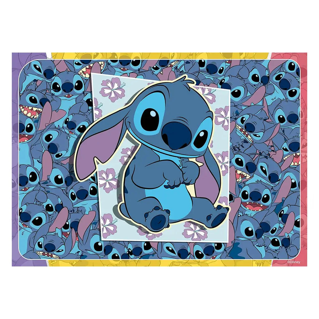 Disney Stitch puzzle artwork shows the blue alien sitting with folded arms and floppy ears, surrounded by playful Stitch faces on a floral background in purple, pink, and blue tones.