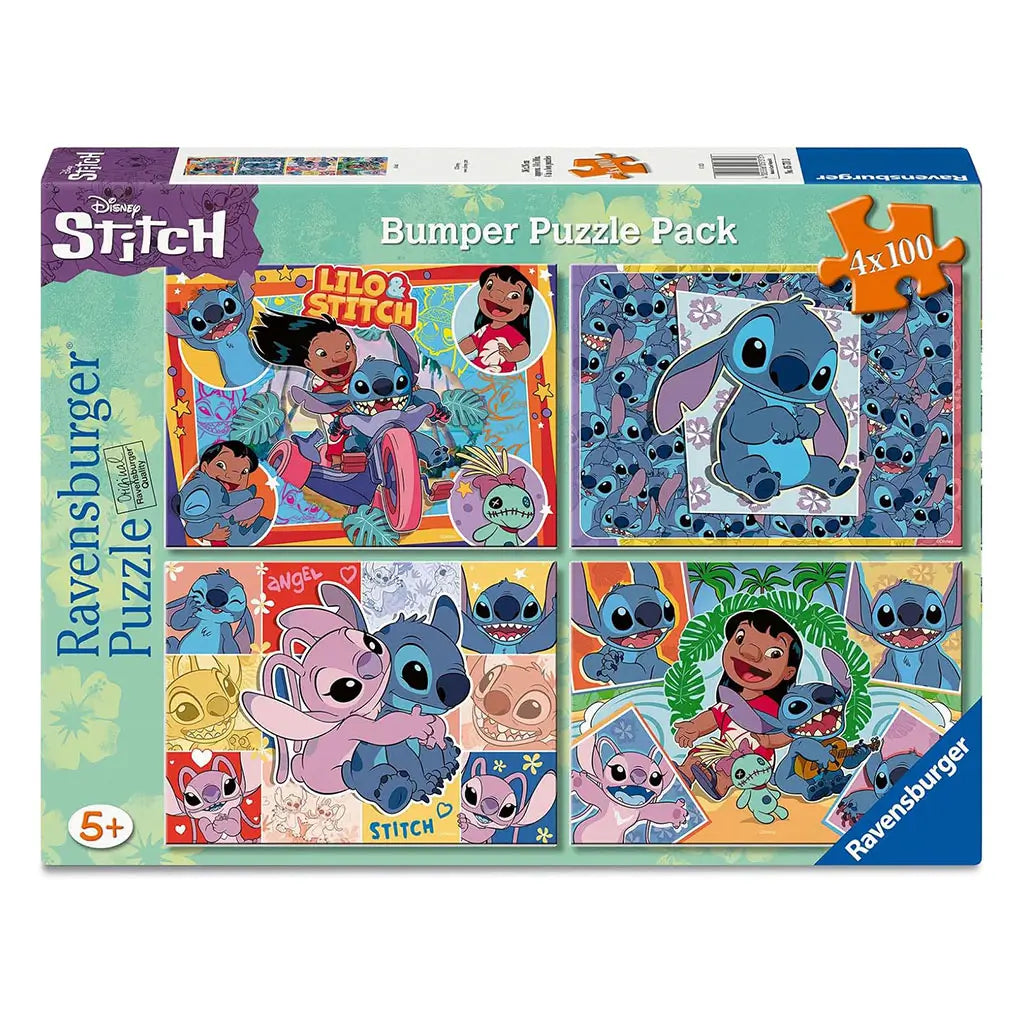 Ravensburger Disney Stitch puzzle pack box featuring four 100-piece puzzles, showing designs of Lilo, Stitch, and Angel with bright colors, tropical accents, and age recommendation for 5+.