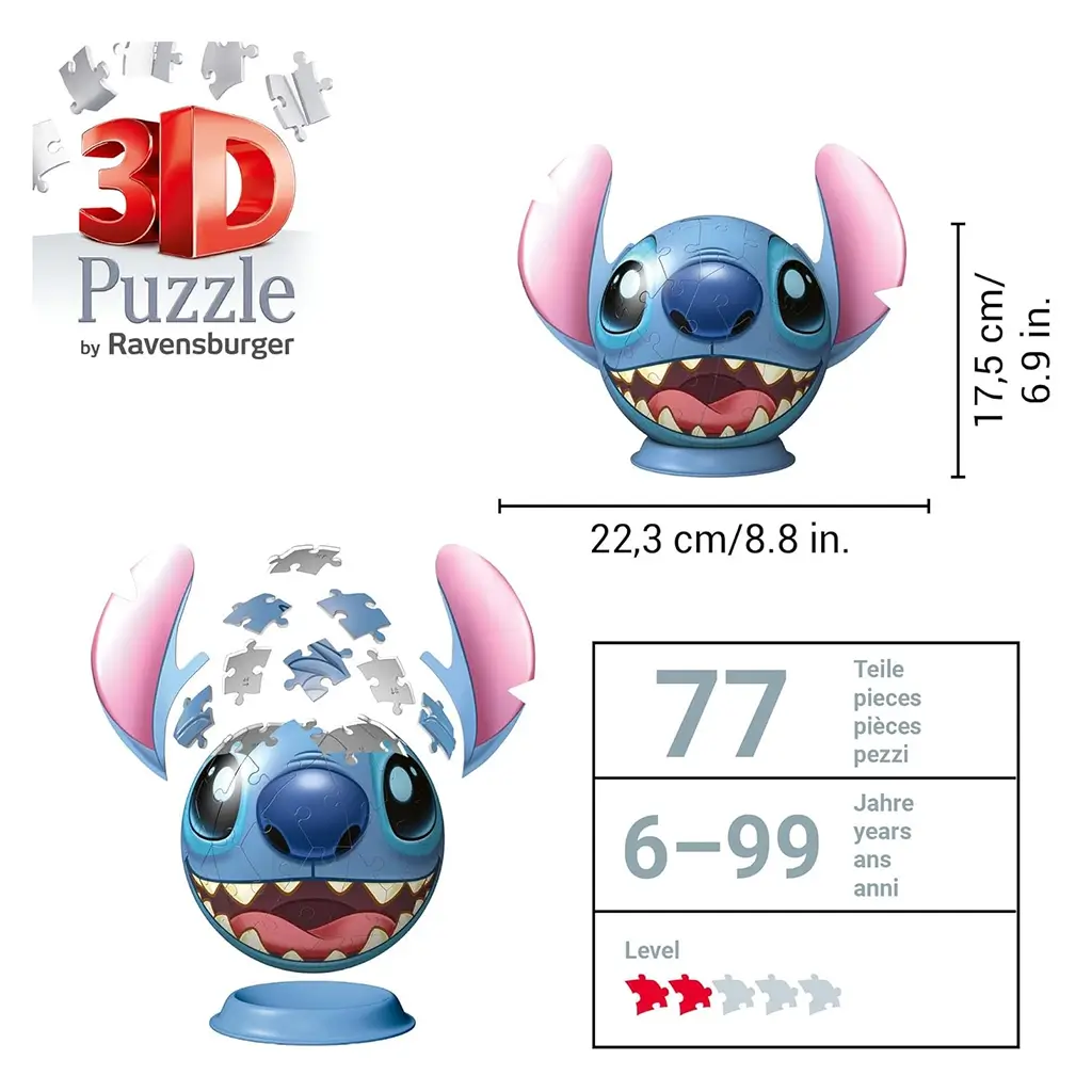 Product infographic of Ravensburger 3D Stitch puzzle with 77 pieces, measuring 22.3 cm wide by 17.5 cm high, suitable for ages 6–99, and rated two stars for assembly difficulty.