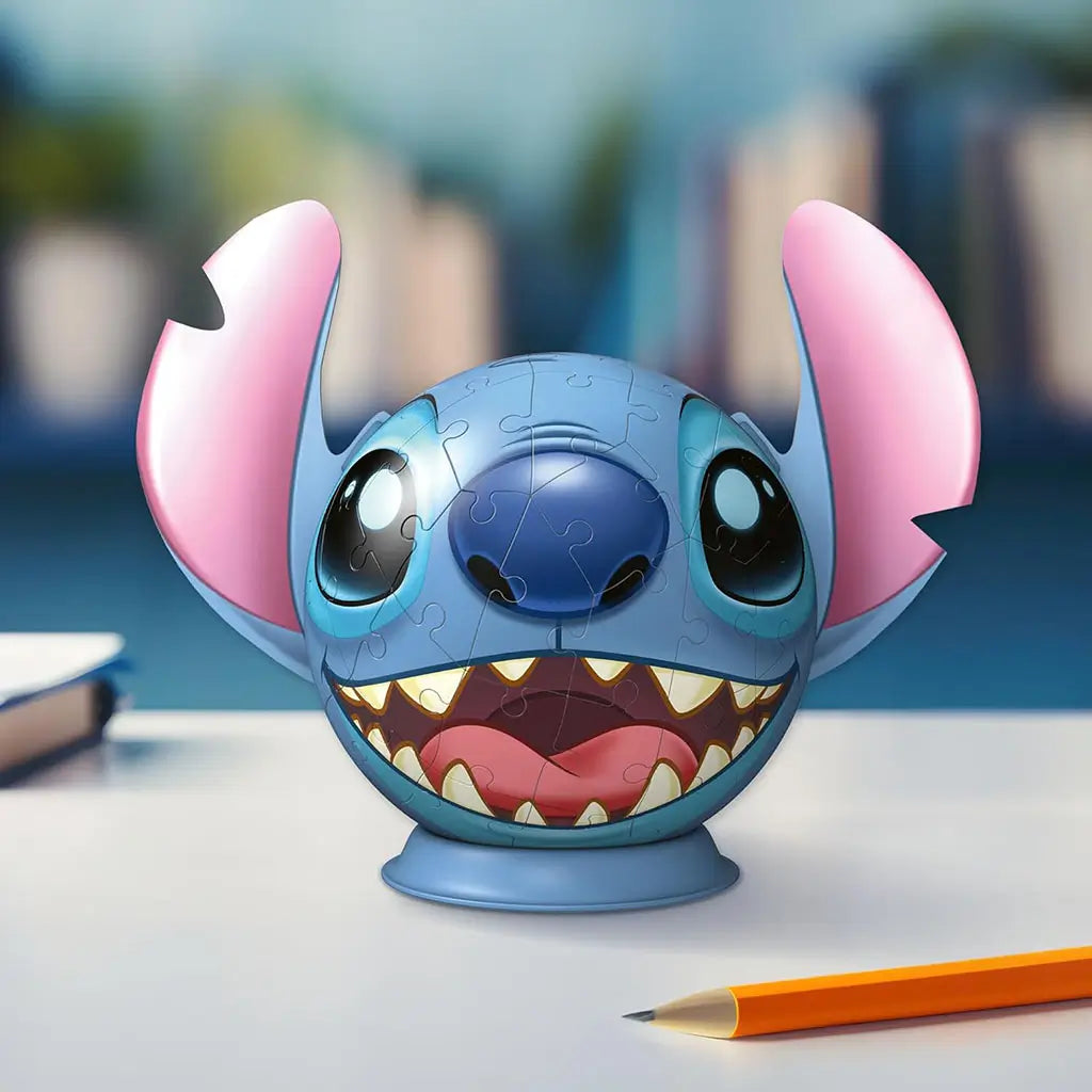 Completed Ravensburger Stitch 3D puzzle displayed on a desk next to a sharpened pencil, with blurred background suggesting a study or creative workspace.