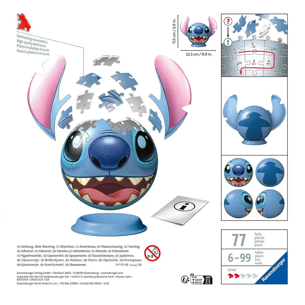 Back of Ravensburger Stitch 3D puzzle box showing assembly diagrams, puzzle dimensions of 22.3 cm by 17.5 cm, 77 pieces, age range 6–99, and medium difficulty rating.