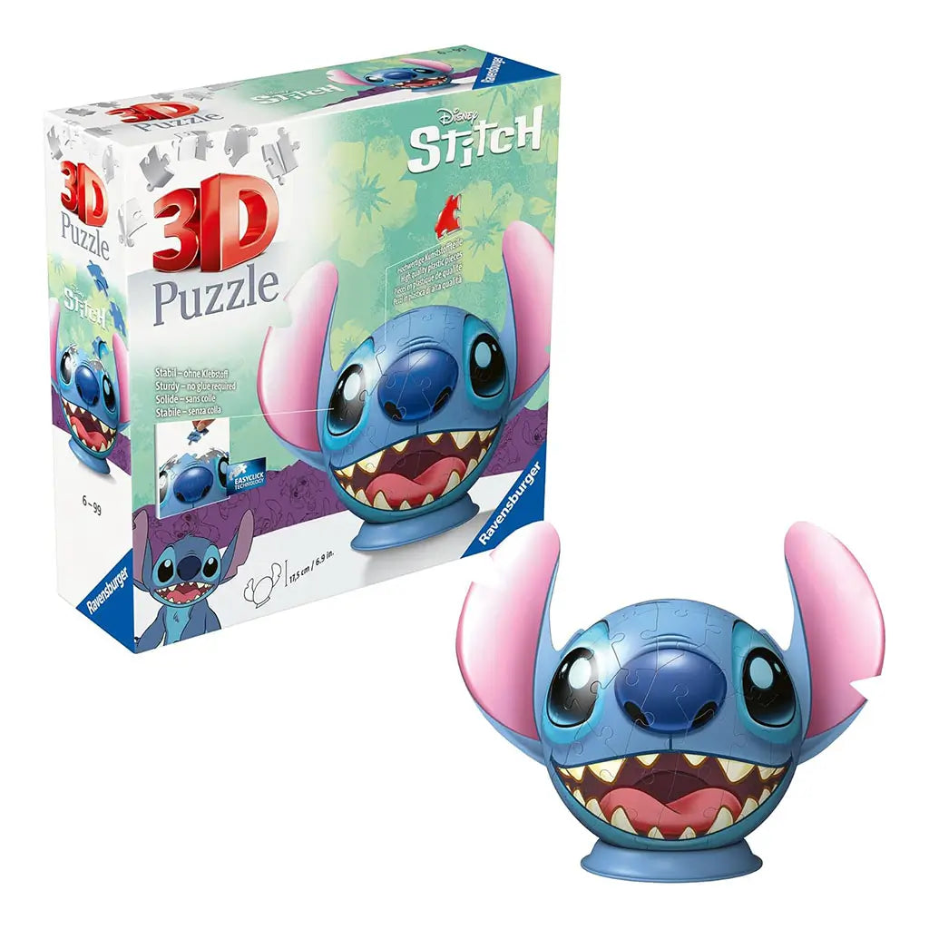 Ravensburger Disney 3D Stitch puzzle packaging showing finished puzzle beside the box, decorated with Stitch artwork, product details, and sturdy stand for display.
