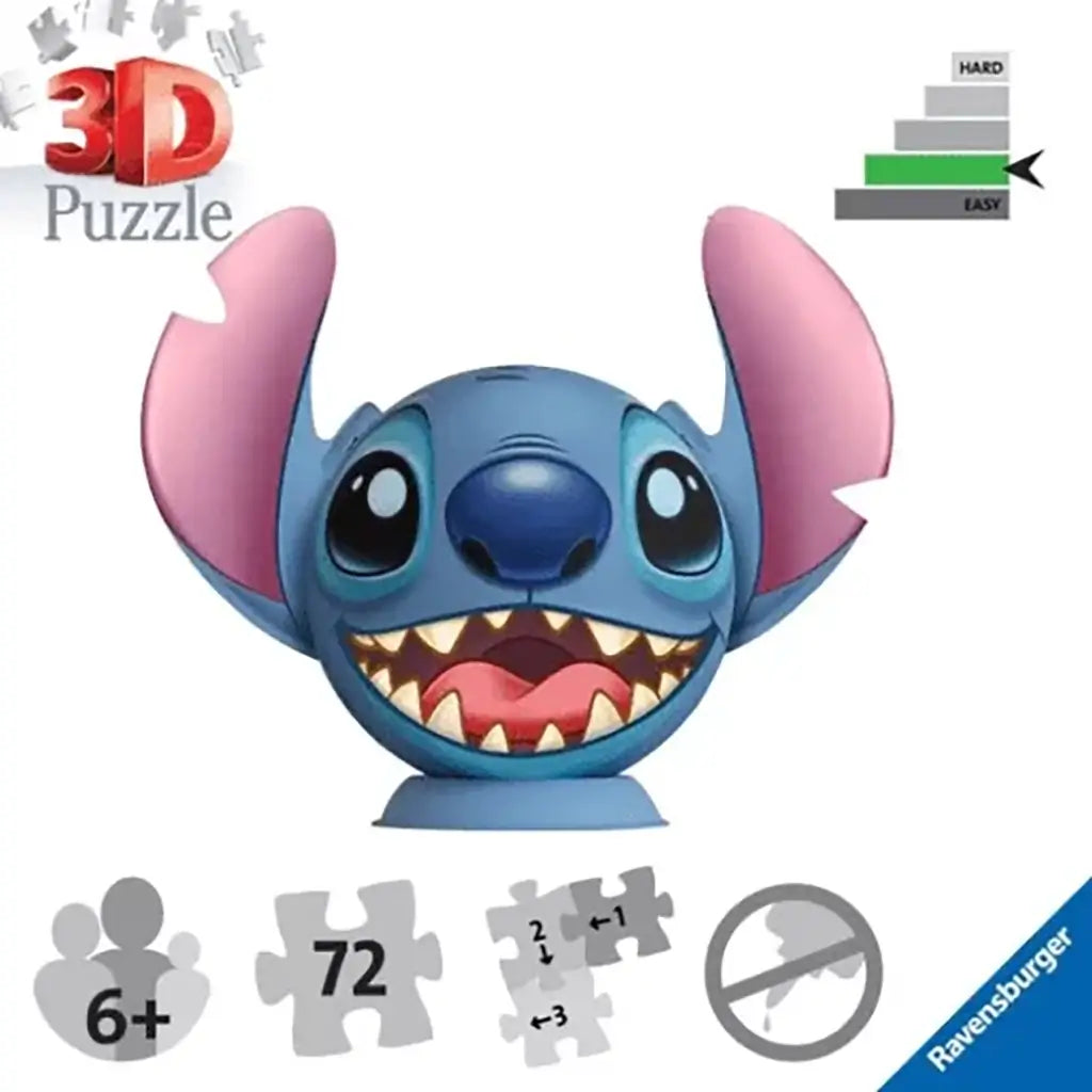 Puzzle graphic showing Ravensburger Stitch 3D puzzle with 72 numbered pieces, EasyClick plastic design, sturdy no-glue assembly, and a medium-easy difficulty rating.