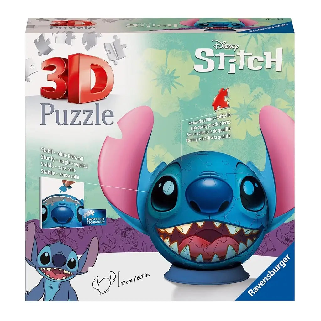 Front of Ravensburger Disney 3D Stitch puzzle box with large Stitch face design, product size details, EasyClick technology logo, and illustration of finished model.