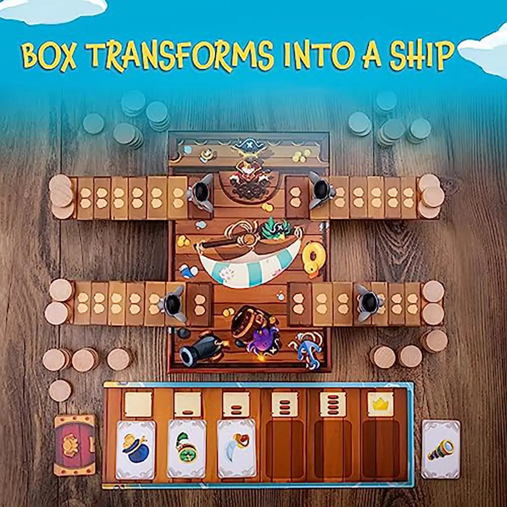 Overhead view of Stomp the Plank game setup, with the game box transformed into a pirate ship and four planks extending outward.