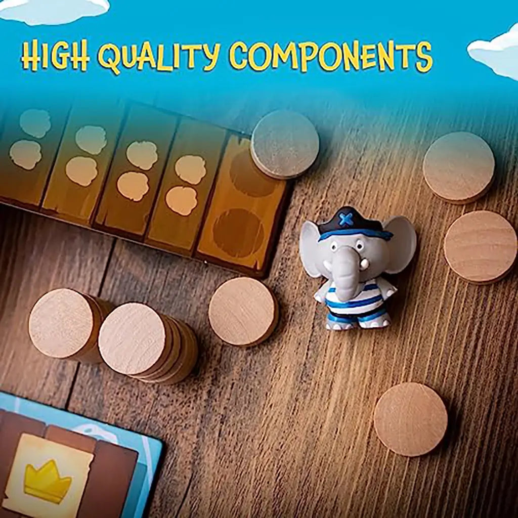Stomp the Plank components on a table, featuring a pirate elephant figurine, wooden coin tokens, and plank boards, captioned “High Quality Components.”