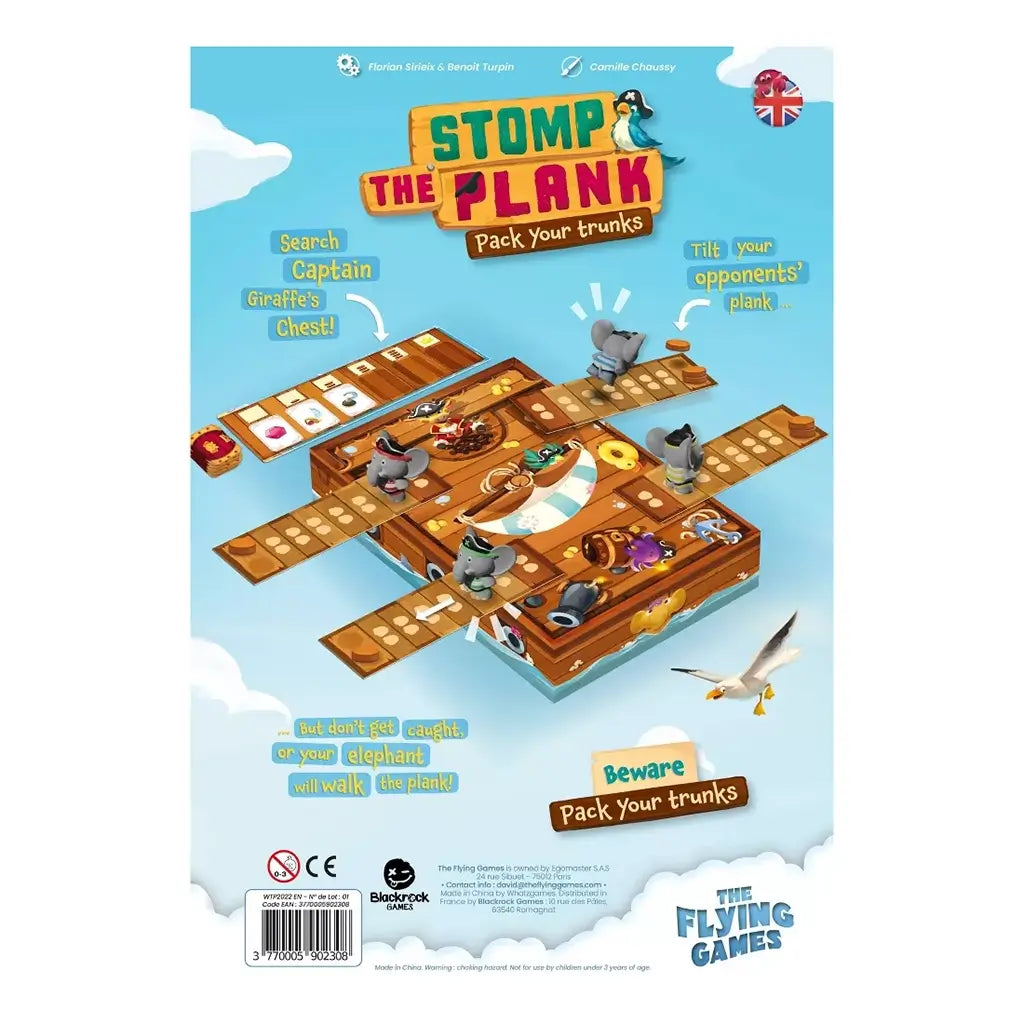 Back of Stomp the Plank box showing elephants walking planks on a pirate ship, with taglines like “Search Captain Giraffe’s Chest” and “Tilt your opponents’ plank.”