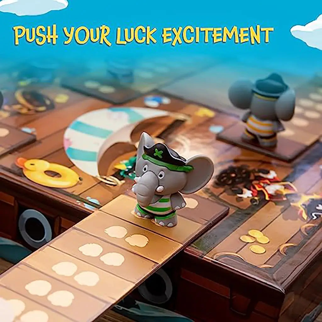 Pirate elephant figurines on planks of the Stomp the Plank ship game board, with caption “Push Your Luck Excitement.”