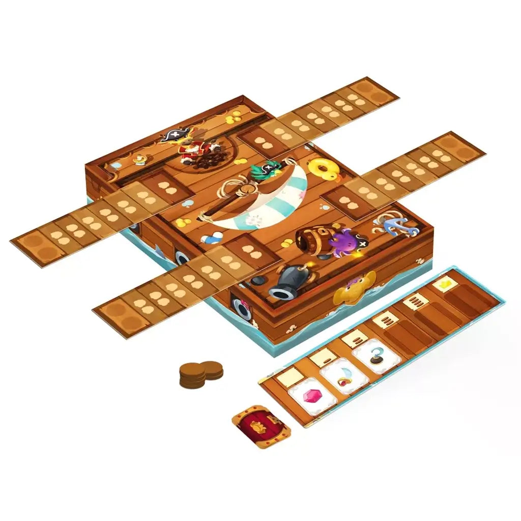 Full Stomp the Plank game set with box as ship, planks attached, wooden coin tokens, and treasure cards laid out.