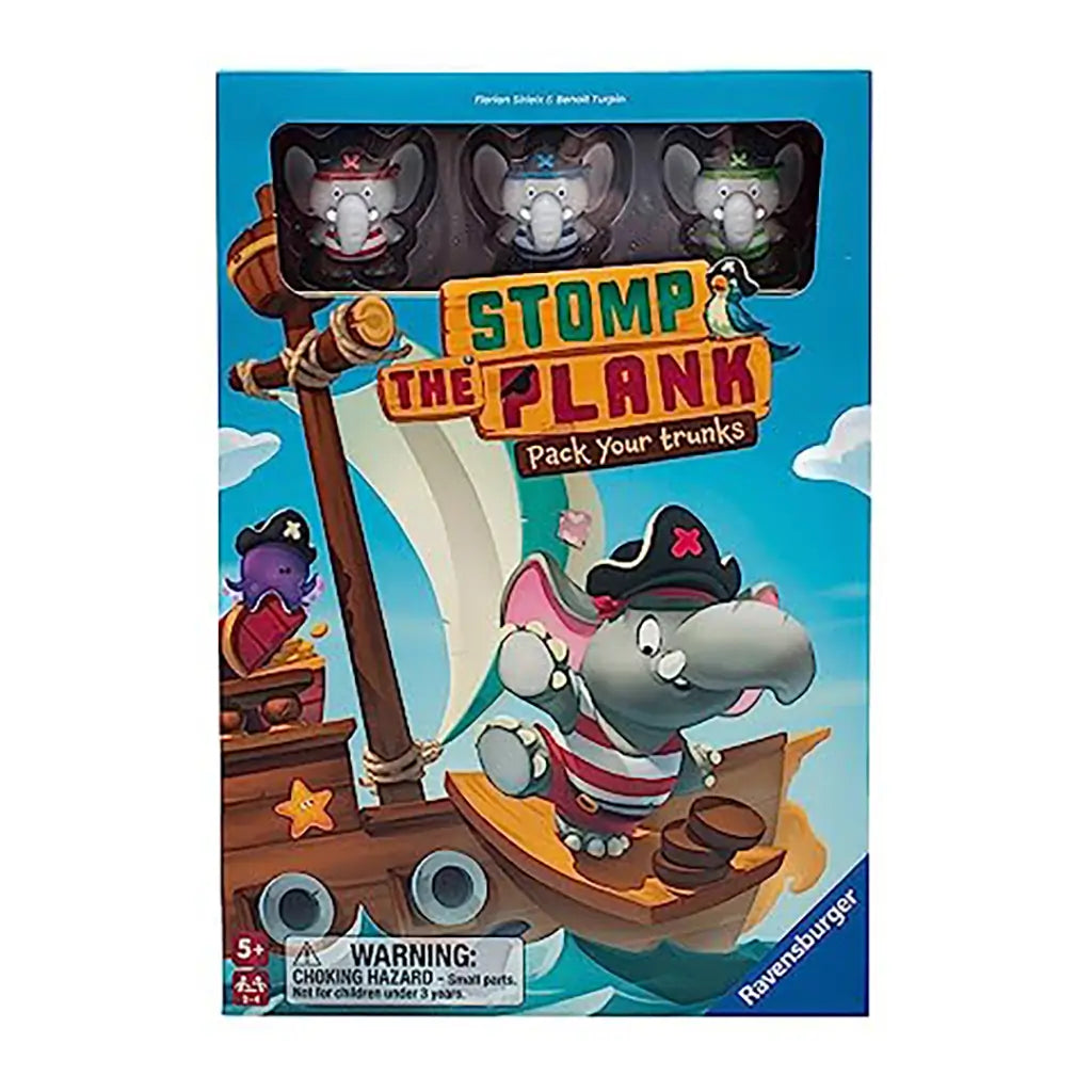 Front of Stomp the Plank box showing pirate elephants on a ship with one walking the plank, and four figurines displayed at the top.