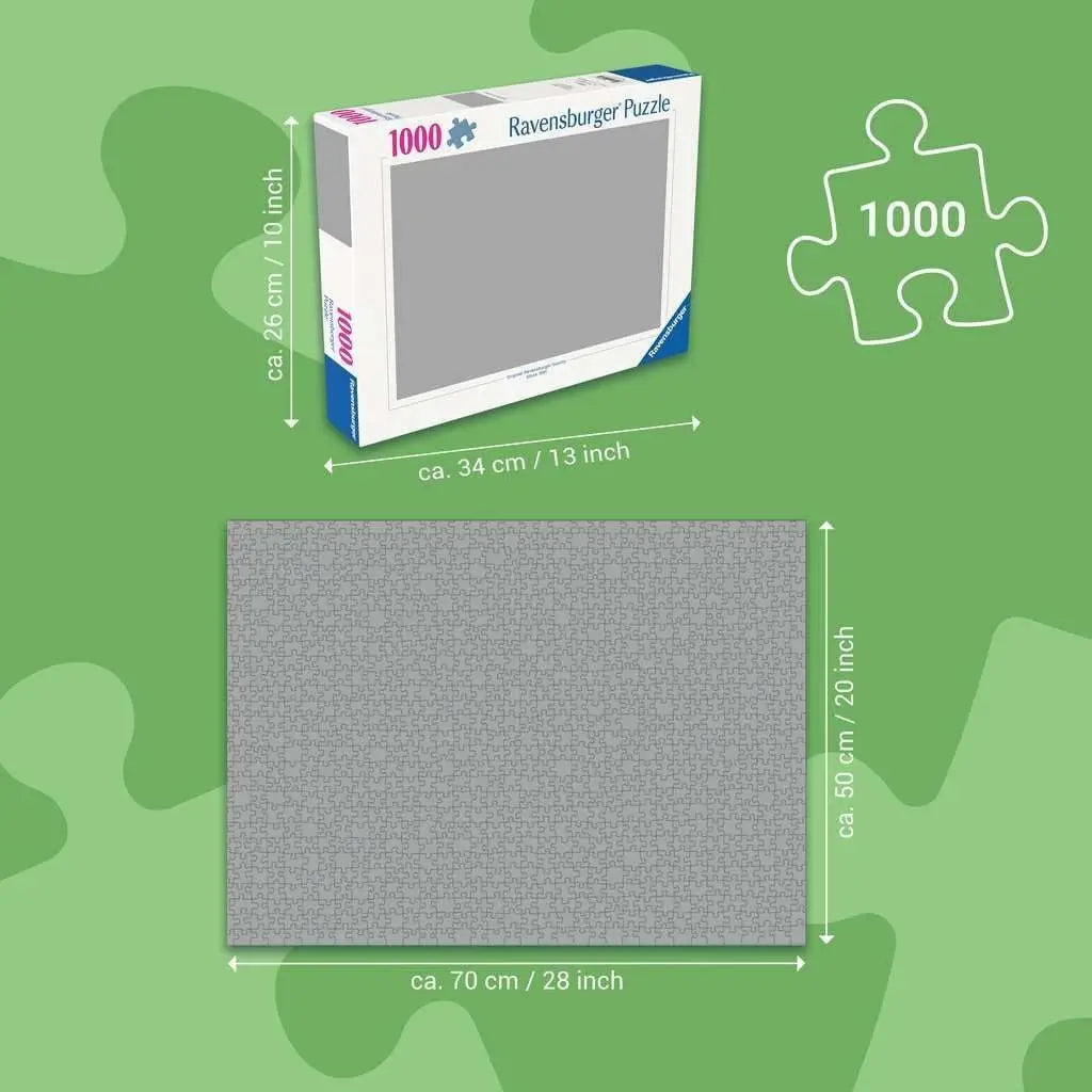 Ravensburger Disney puzzle dimension chart for 1000 pieces, showing box size and finished puzzle measuring approximately 70 cm by 50 cm with inch conversions.