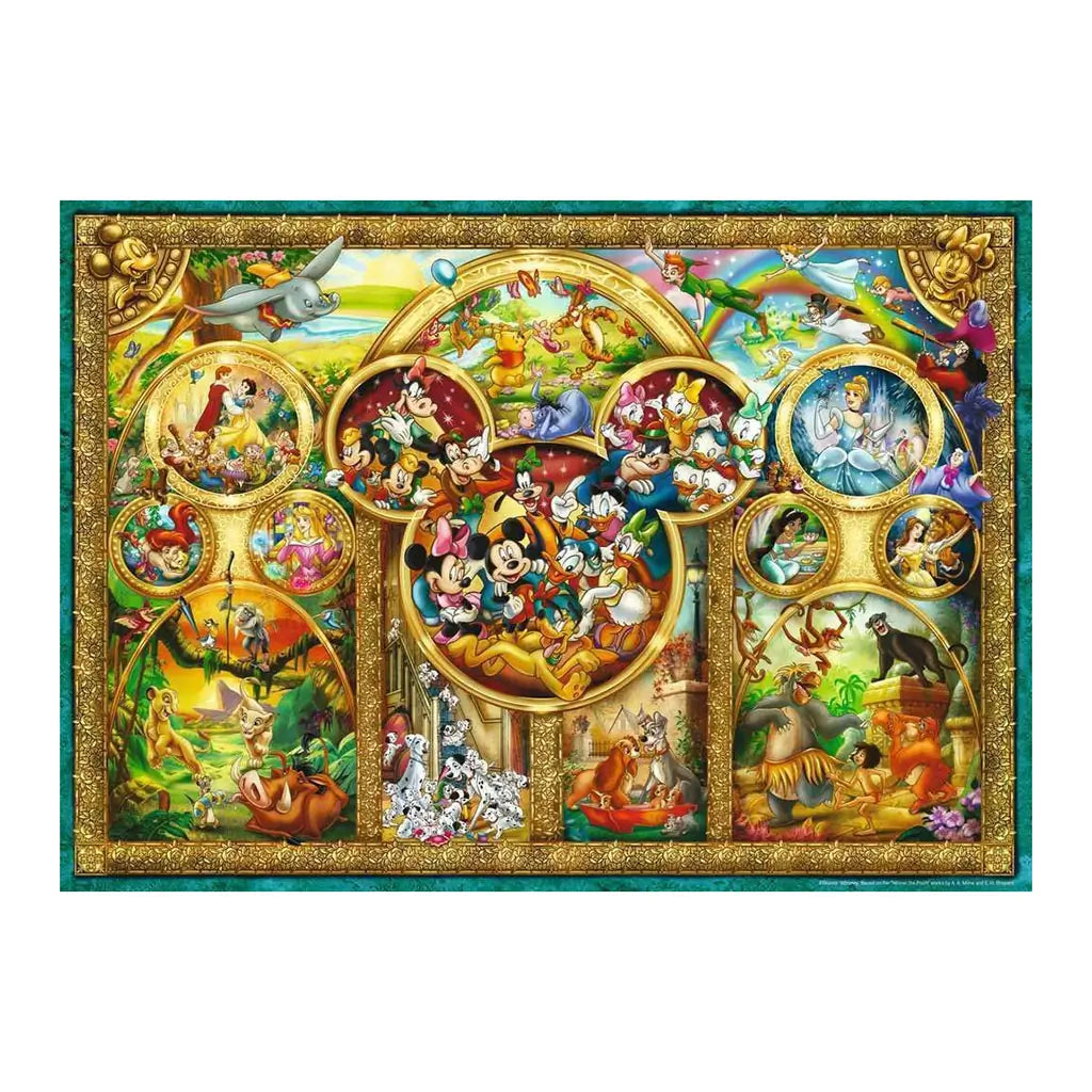 Colorful Ravensburger Disney puzzle design with golden frame highlighting Mickey, Minnie, and friends at center, surrounded by scenes from The Lion King, Cinderella, and more.