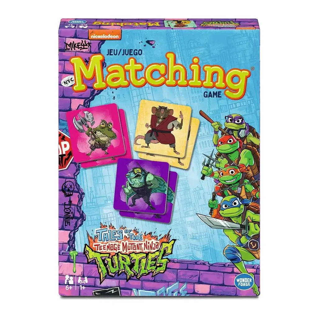 Front of Teenage Mutant Ninja Turtles Matching Game box by Wonder Forge, showing Leo, Raph, Mikey, Donnie, Splinter, and villains on bright blue background with graffiti brick border.